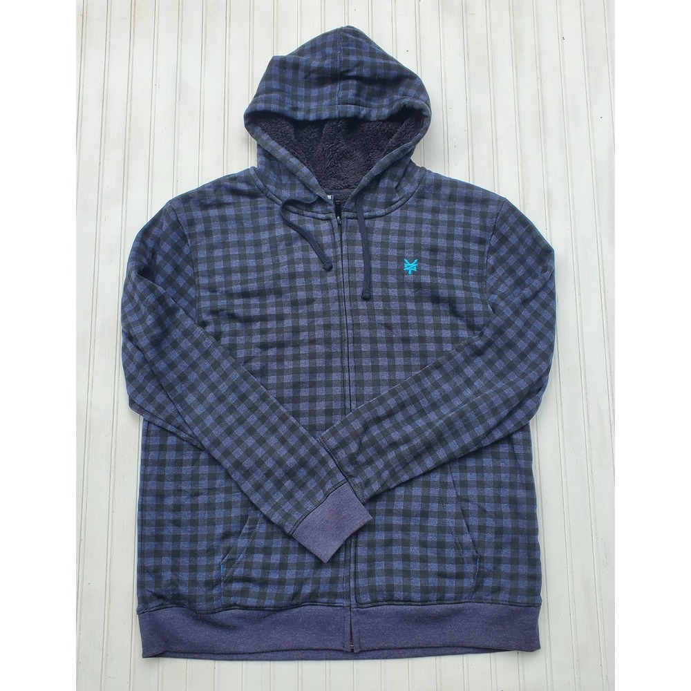 Zoo York Mens XL Blue Gingham Plaid Sherpa Lined Full Zip Hoodie Sweatshirt